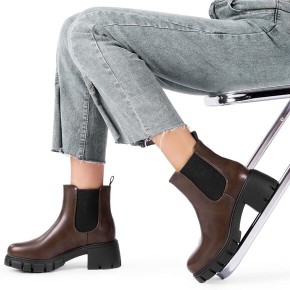 Dream Pairs Womens Brown Polyurethane (PU) Slip On Chunky Platform Ankle Boots - Picture 6 of 8